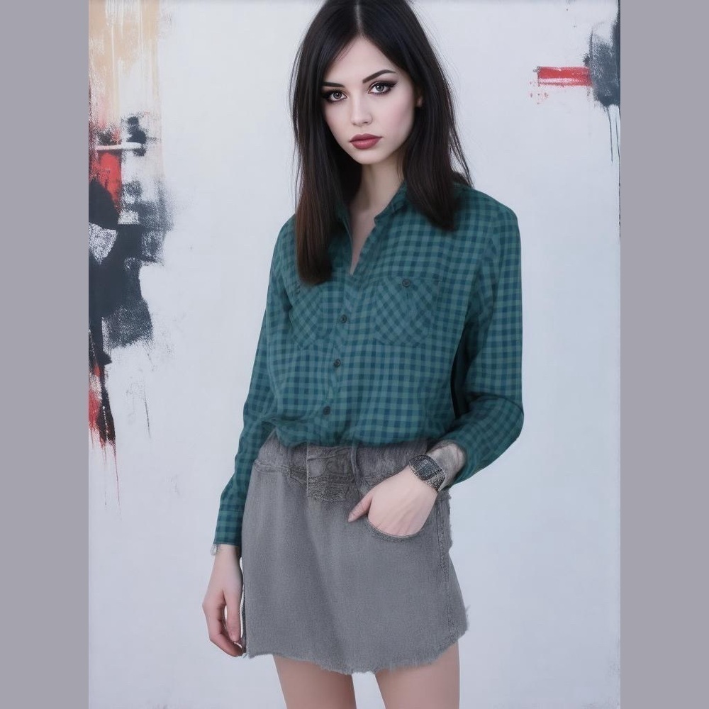 Hot Topic button front green black checkered long sleeve shirt size medium